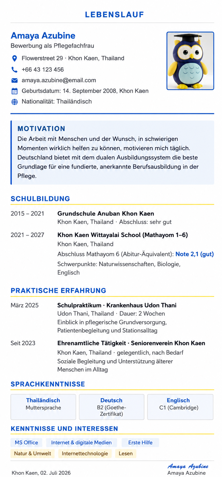 CV-Example for German Apprenticeship with Amaya Azubine